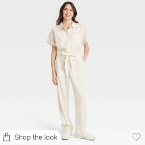 Women’s short sleeve button front boilersuit cream size 10